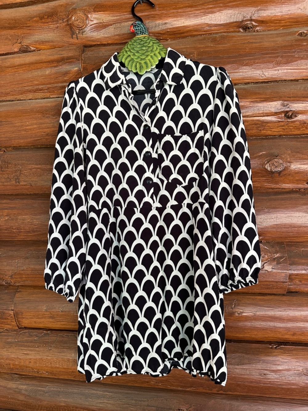 Zara Black and White Long Sleeve Patterned Mini Dress